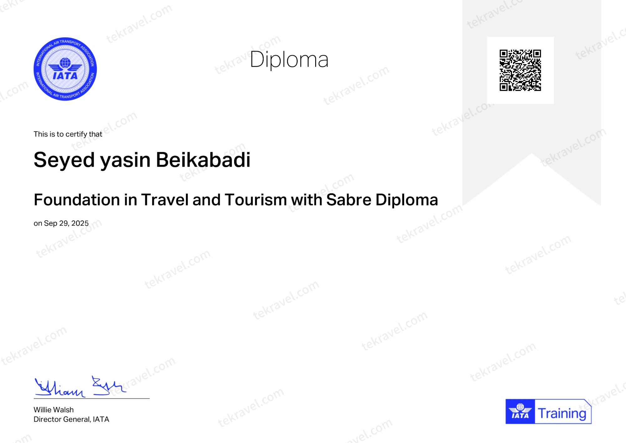 IATA Foundation in Travel and Tourism with Sabre Diploma – Seyed Yasin Beikabadi